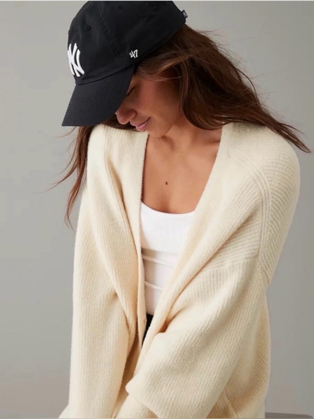 AE Cozy Cream Oversized Button-Front V-Neck Sweater Cardigan - Picture 3 of 16